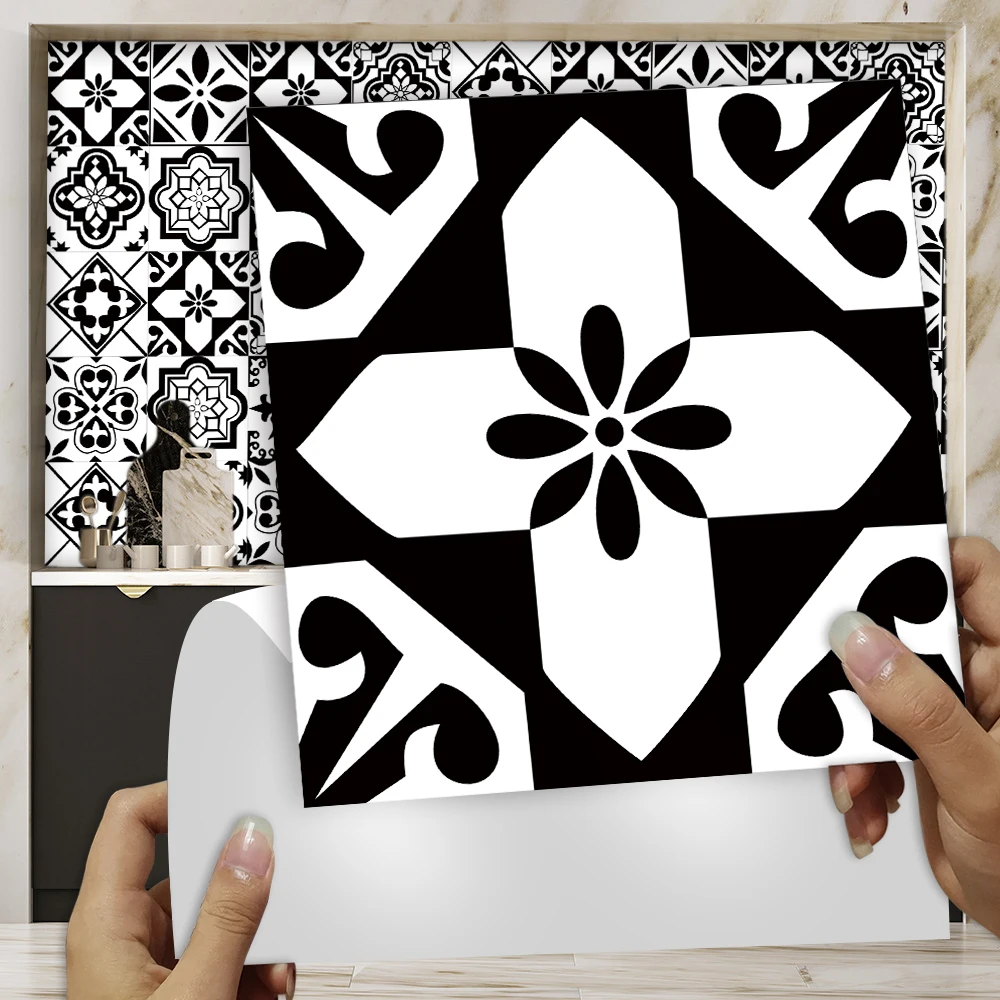 

10pcs/set Black and White Hard Tiles Floor Wall Stickers Kitchen Bathroom Table Decoration Wallpaper Peel & Stick PVC Art Mural