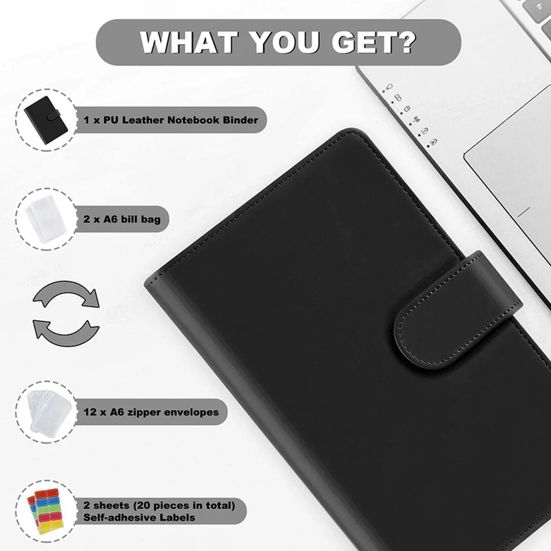 

2Set 14 Binder Bags A6 with Leather Binder Cover, 6 Rings Budget Binder with Cash Envelope,Black & Purple