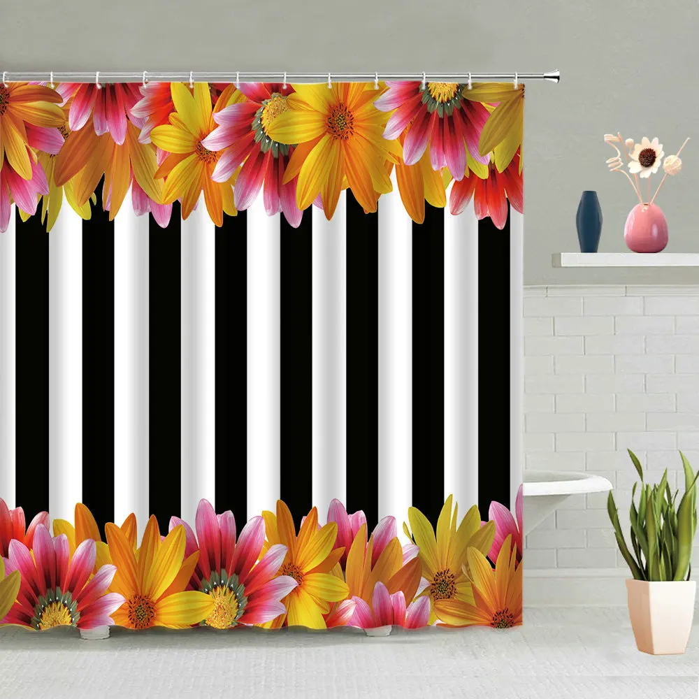 

Geometry Stripe Shower Curtain Ripple Plant Flower Printed Modern Curtains Bathroom Decor Waterproof Bath Screen Fabric Hook Set