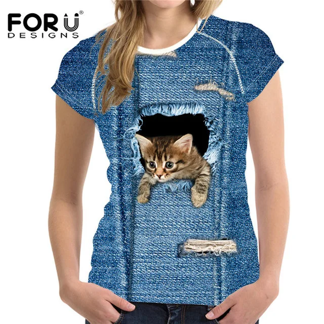 FORUDESIGNS/футболка, женские топы, футболки с 3D милым котом, одежда для девочек-подростков, женская футболка Kawaii для женщин, Vetement Femme, одежда - Цвет: C3301BV
