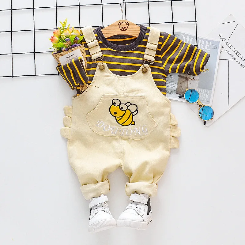 

Baby Boys Girls Spring Autumn Clothing Set Fashion Cotton Striped Shirt+bib Pants 2pcs Kids Boys Outfits