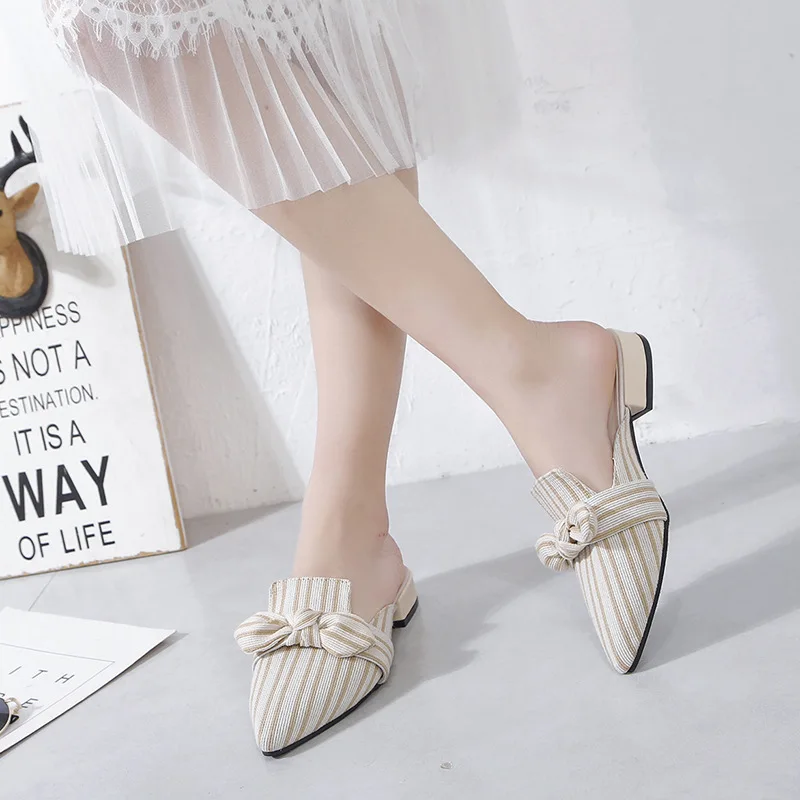 2020 женские полушлепанцы с заостренным носком Женская обувь в полоску бантом