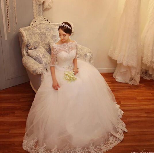 

Hot Sales New Custom Court Train Beads Sequined Half Sleeve Lace Ball Gown Tulle Princess Wedding Dresses vestido de noiva