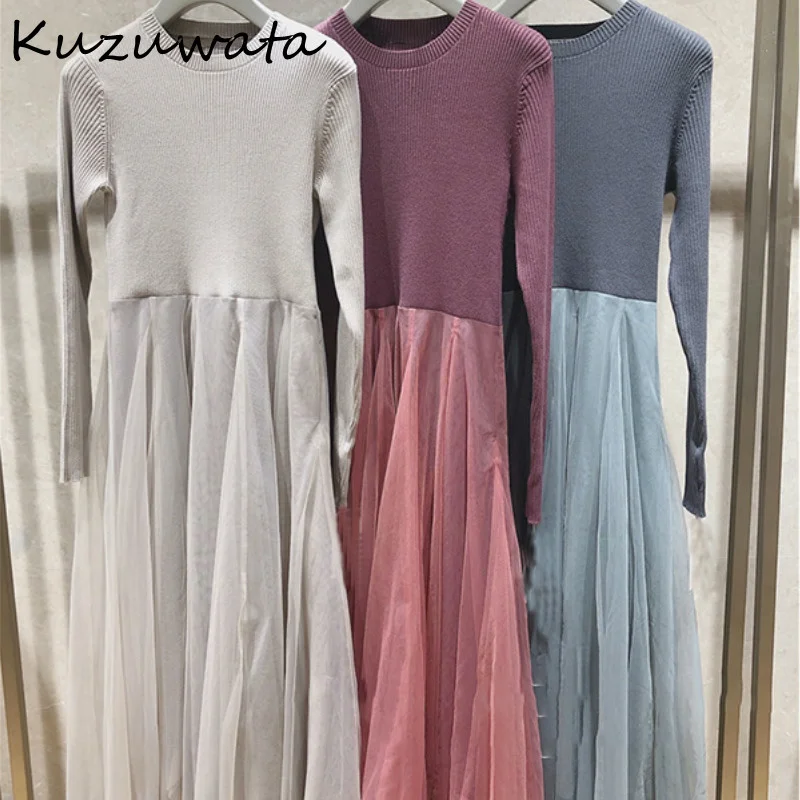 Sweet Voile Elegant Patchwork Knitted Dress 2021 Spring Autumn New Fashion Vestidos O-neck High Waist Women Dresses