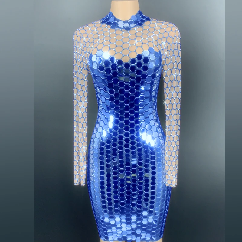 

Shining Mirror Rhinestones Short Dress Birthday Prom Celebrate Party Outfit Transparent Dress Women Dancer Show Stage Wear