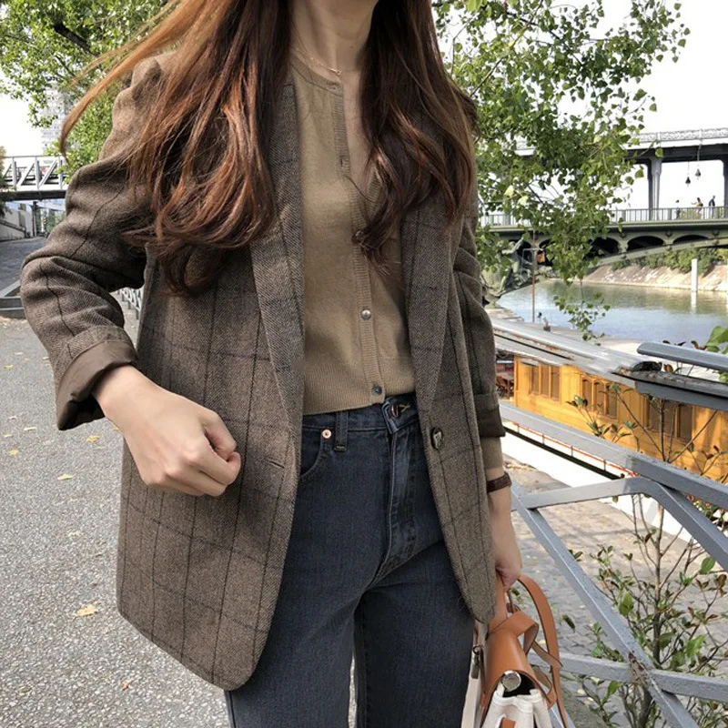

Spring Loose Style Women Korean Suit Long Sleeve Fashion Business Plaid Office Lady Cashmere Coat Woolen Clothes Vintage