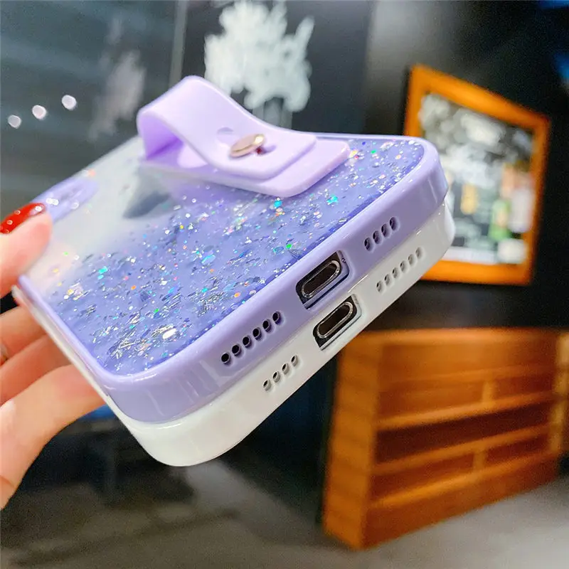 

Transparent Shining Glitter Wrist Strap Phone Case for IPhone 7 8 Plus 12 11 Pro Max XR XS X MIni Soft Protection Clear Cover