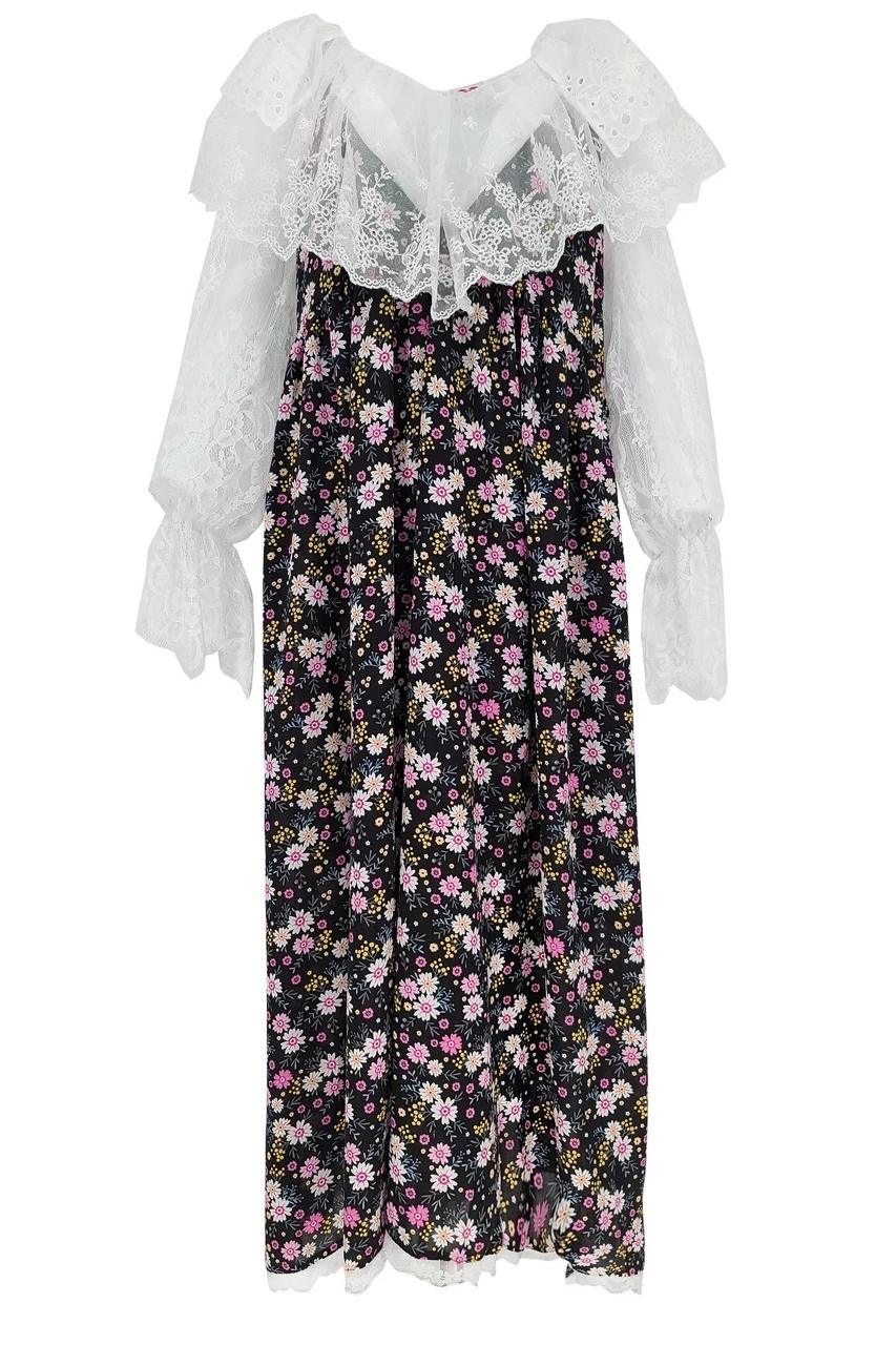 

Korean Custom Beautiful Two-Piece Set Black Shivering Large Swing Fairy Indie Pop Style Lace Large Size Shirt Dress