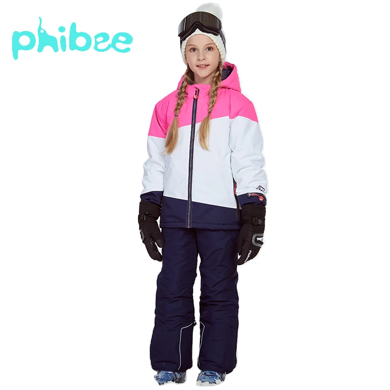 Phibee/зимний костюм для девочек; детская одежда; лыжный костюм; теплый водонепроницаемый ветрозащитный комплект для сноуборда; зимняя куртка; одежда для детей