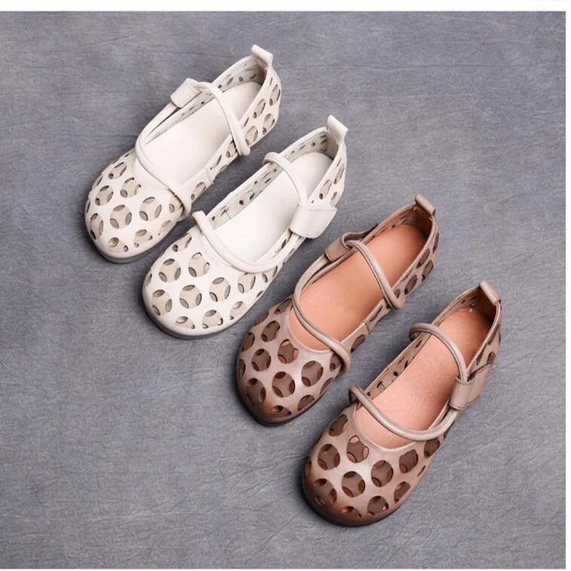 Spring Summer Women Shoes Genuine Leather Flat Shoes Woman Flats Hollow Breathable Hook&Loop Casual Comfortable Shoes