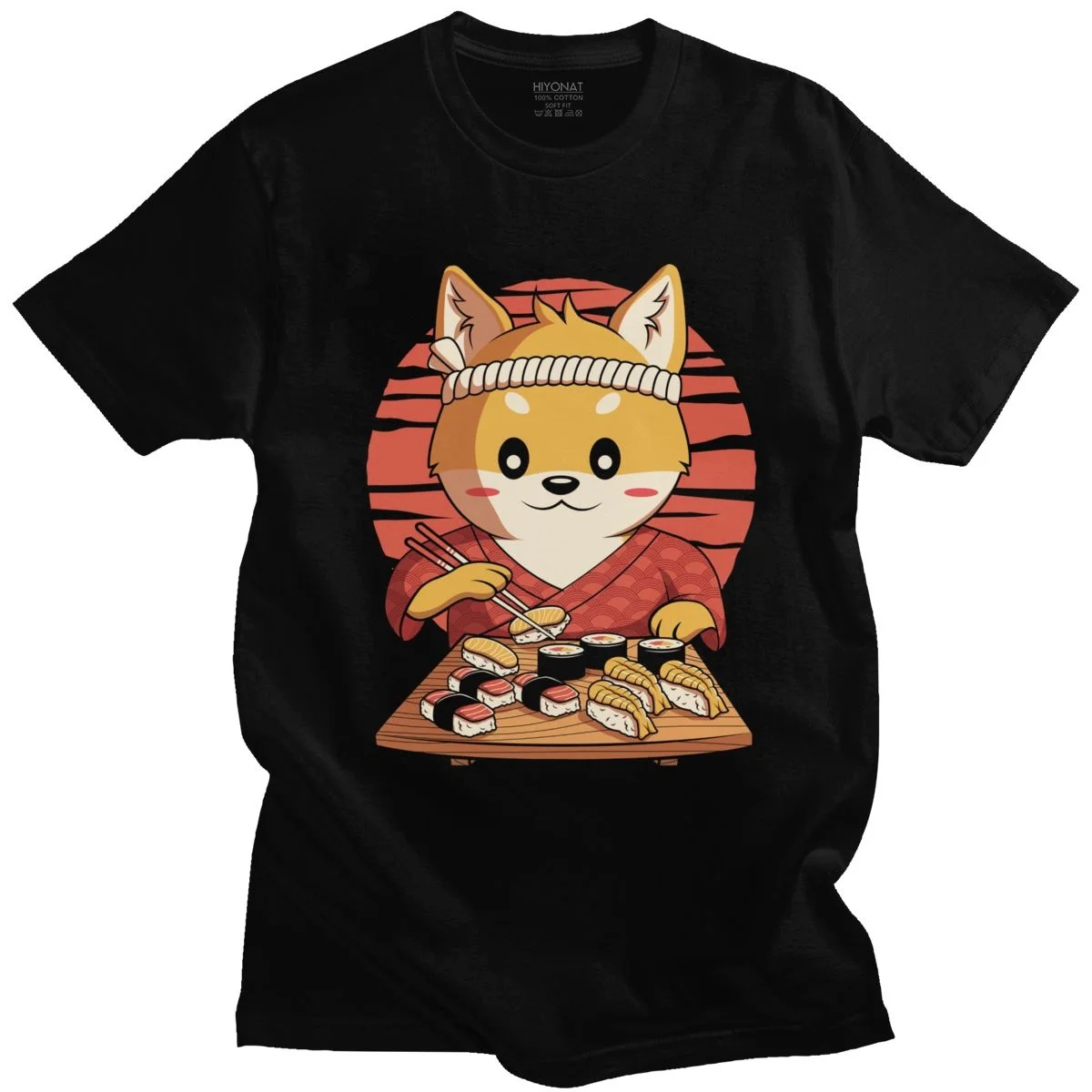 Trendy Kawaii Shiba Inu Dog T Shirt for Men Short Sleeve Funny Eating Japanese Sushi Anime Tshirt Pure Cotton Graphic Tee Tops