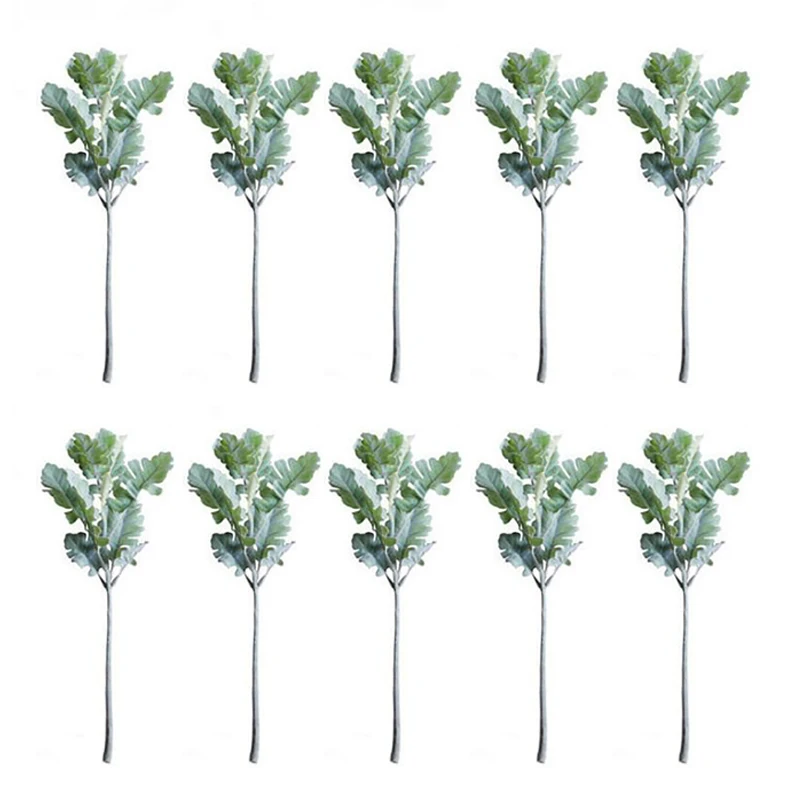 

33cm Artificial Green Leaf Plants Silk Senecio Cineraria Room Table Decor Dusty Miller Garden Hotel Fake Flowers, 10 Pcs