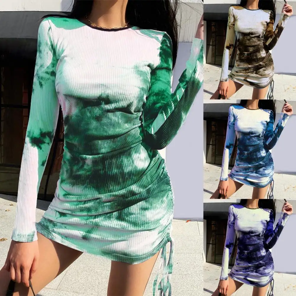 

2021 New Pleated Dress Women Tie-dye Printing Drawstring Sexy Slim Cotton Long-sleeved Round Neck Dress Casual Short Vestidos