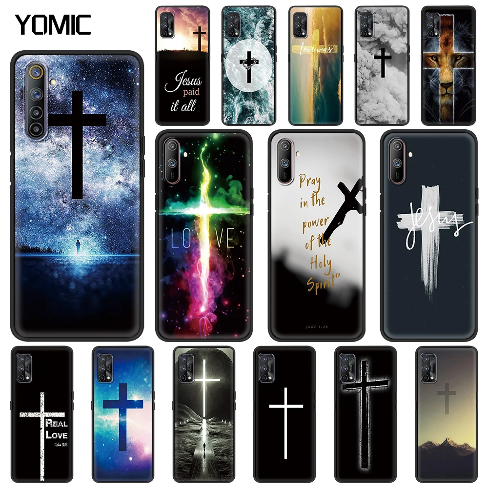 

Jesus Christ Cross Black Capa for Realme C3 6 5 7 XT X50 C21 C11 7i C15 X7 Pro V15 5G TPU Soft Cell Mobile Phone Case Cover