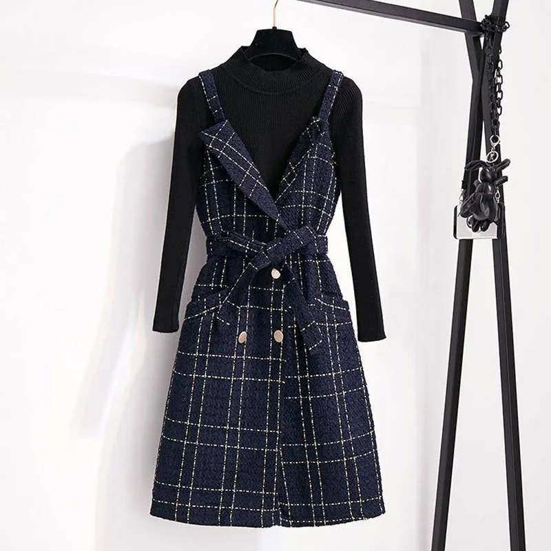 

High quality Autumn Winter fashion Double-breasted Spaghetti Strap V-Neck Plaid Tweed Party Dress Set 2PCS Matching Set Women