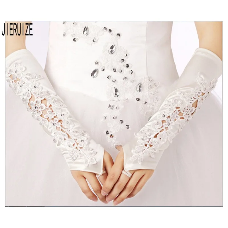 

JIERUIZE Hollow Bridal Gloves with Lace Appliqued Beaded Wedding Glove Elegant Satin Fingerless Wedding Accessories