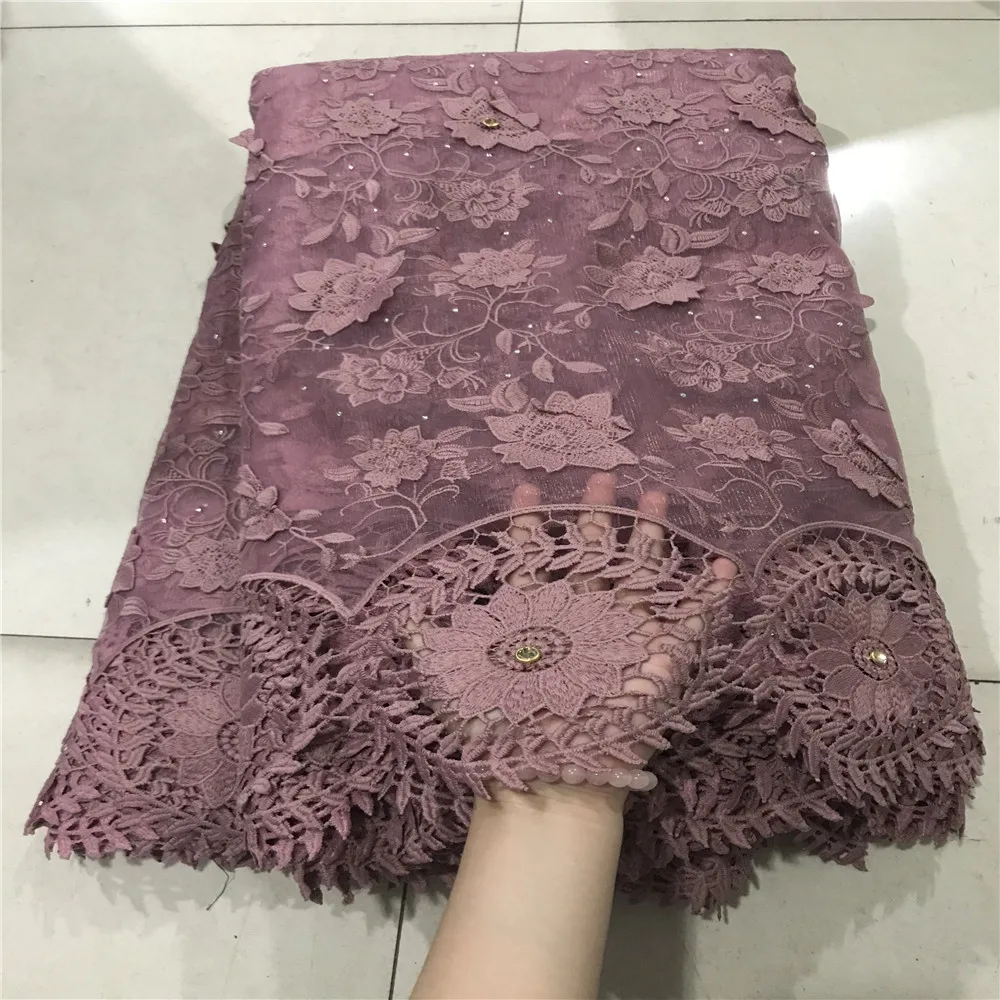 Good quality big pary polyester tulle net flower lace embroidered fabric lilac color - Цвет: 1