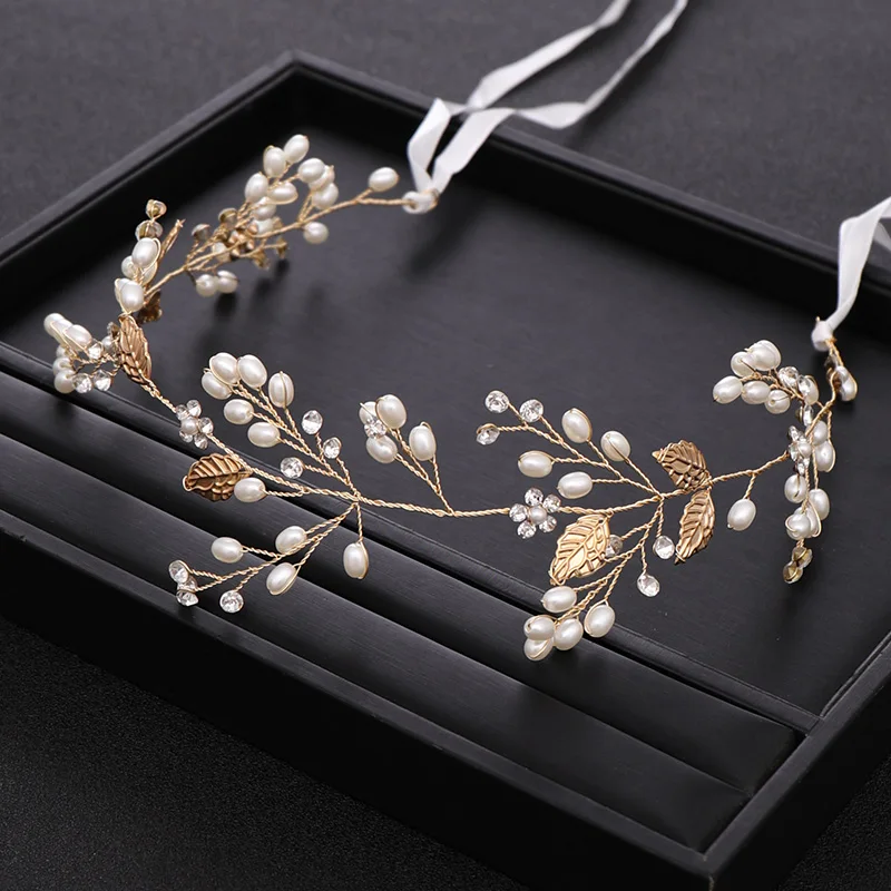 Модный свадебный аксессуар для волос в виде золотого листа и жемчуга |