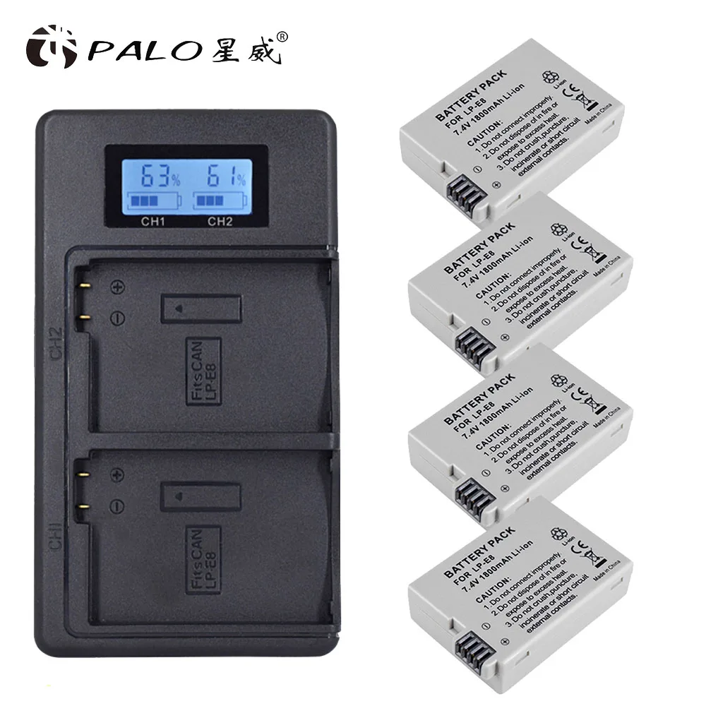 1 charger 4 battery PALO 2 шт. батарея для цифровой камеры LP-E8+ ЖК-дисплей Дисплей Смарт AKKU емкостью зарядное устройство для цифровой однообъективной зеркальной камеры Canon EOS 550D 600D 650D 700D X4 X5 X6i X7i T2i T3i - Цвет: 1 charger 4 battery
