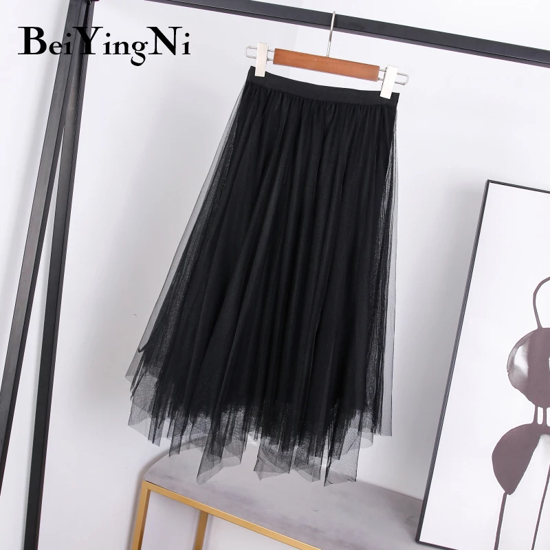

Женская фатиновая юбка-пачка Beiyingni, однотонная сетчатая юбка средней длины с эластичной талией, асимметричная плиссированная юбка в Корейс...