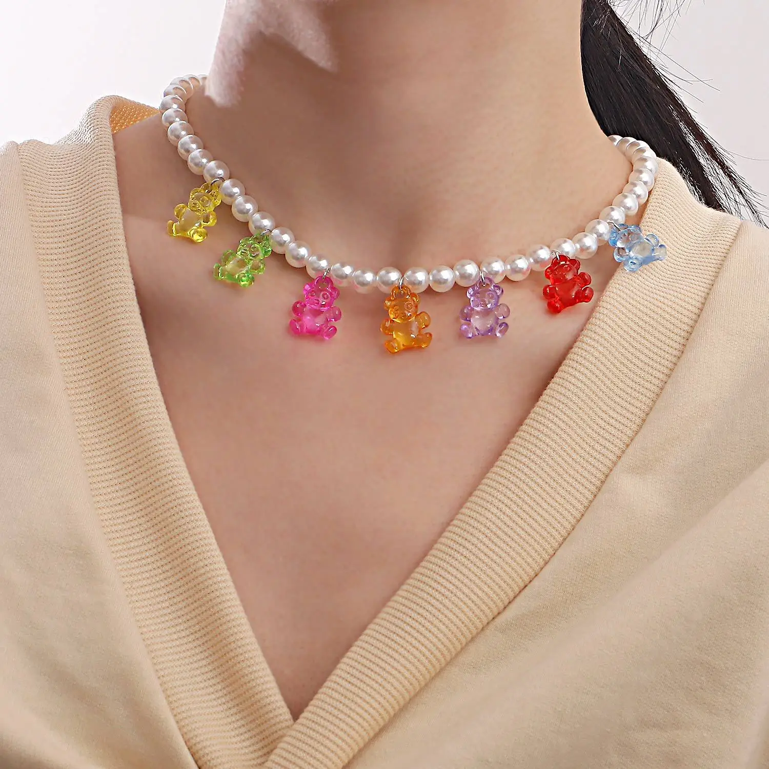 

New Fashion Color Bear Pendant Pearl Chain Necklace for Women Vintage Creative Design Collar Necklaces Charm Trend Jewelry
