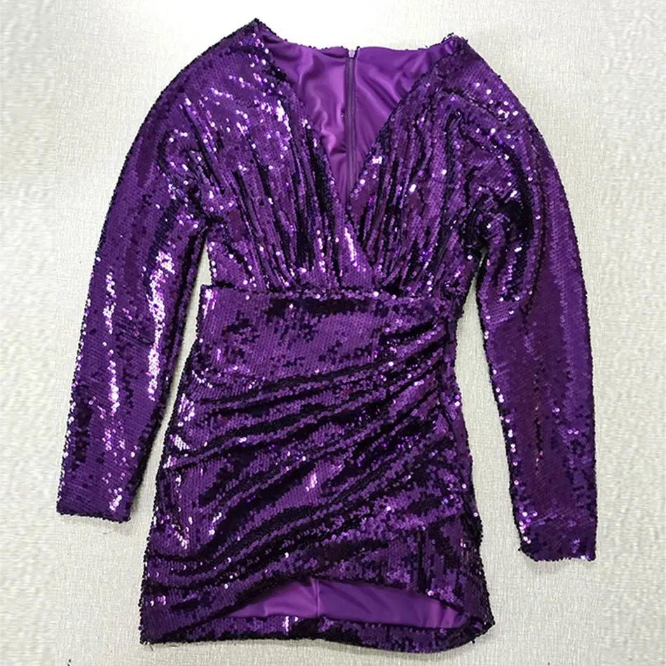 CIEMIILI 2019 new fashion solid purple sexy lady dress chic long sleeve evening party v-neck empire sequin mini | Женская одежда