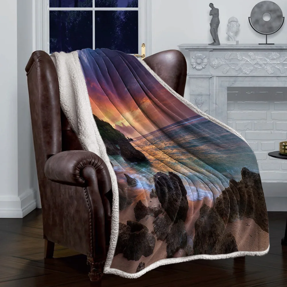 Пляжное закатное желтое синее одеяло цветочное флисовое для детей девочки на