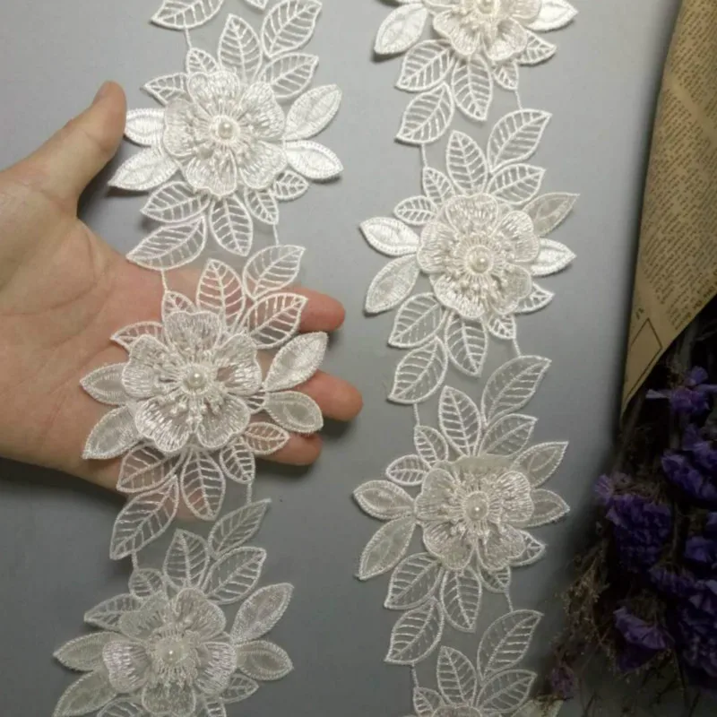 2 ярда перламутровый цветок цвета слоновой кости лист ручной работы вышитая