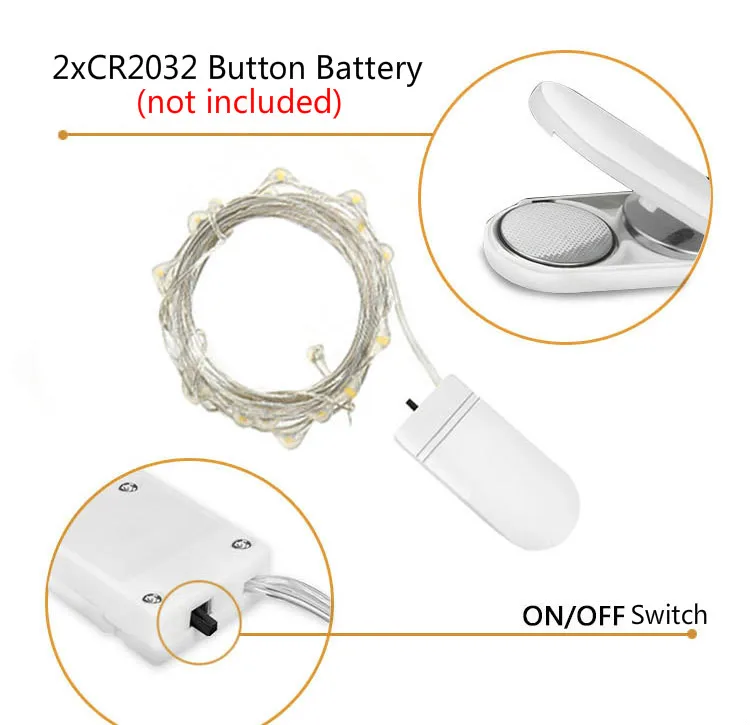 Кнопка на батарейках Серебряная проволочная гирлянда 2 м 20 светодиодов сказочные