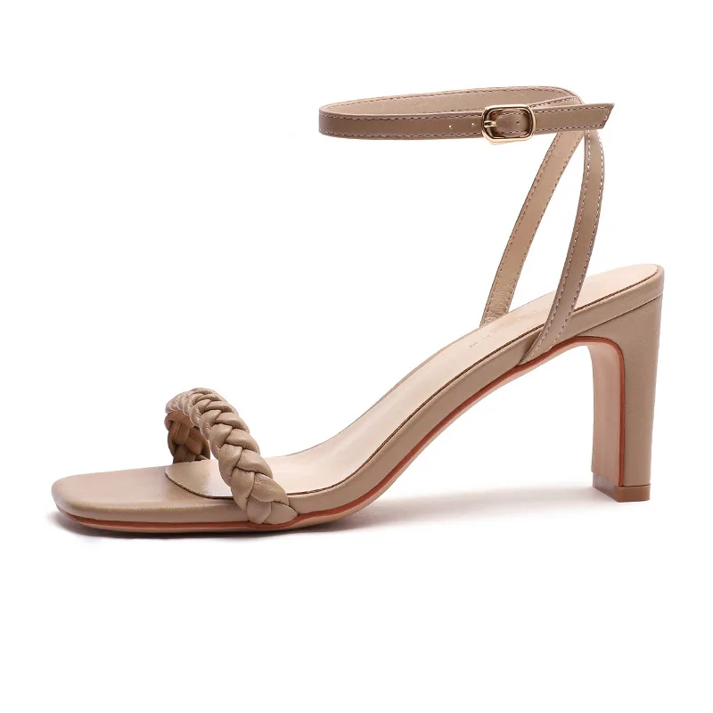 

Female Sandal Black Shoes for Women High Heels Girls Beige 2021 Comfort High-heeled Microfiber Rubber Buckle Strap Fabric Scanda