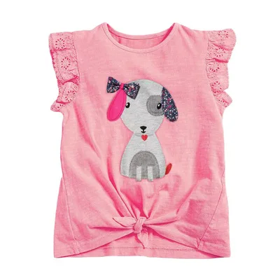 

2021 New Cotton Girls Clothes Fashion Cute Casual Cartoon Multi-Color Printing Embroidery Petal Sleeve Girls T-shirt 2T-7T