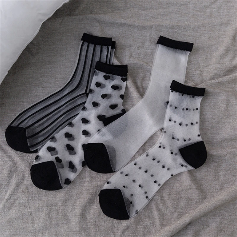 Sexy Lace Mesh Transparent Women Socks Summer Fashion Japanese Cute Elasticity Silk Sock For Ladies Black White Socks New