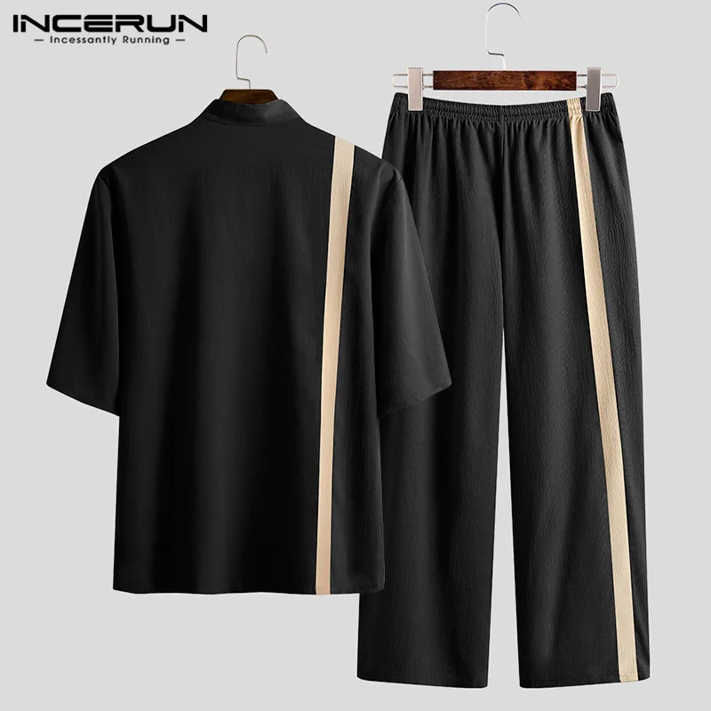 

Vintage Men Sets Solid Streetwear 2021 Half Sleeve Stand Collar Shirt Drawstring Pants 2 Pieces Chinese Style Mens Suit INCERUN