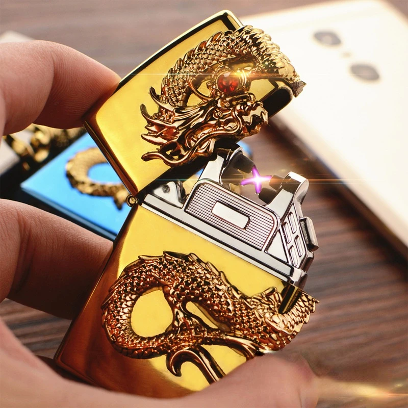 

USB charging double arc lighter windproof personality creative Shenlong men's electric pulse metal cigarette