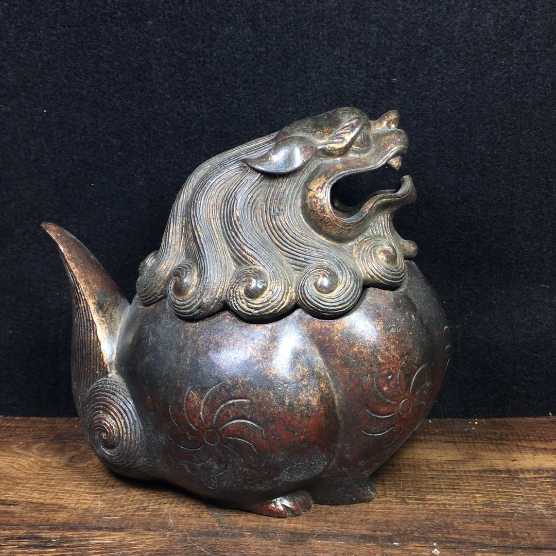 

7" Tibet Buddhism Old Bronze Cinnabar Lacquer Lion statue incense burner dog Pixiu incense Town House Exorcism