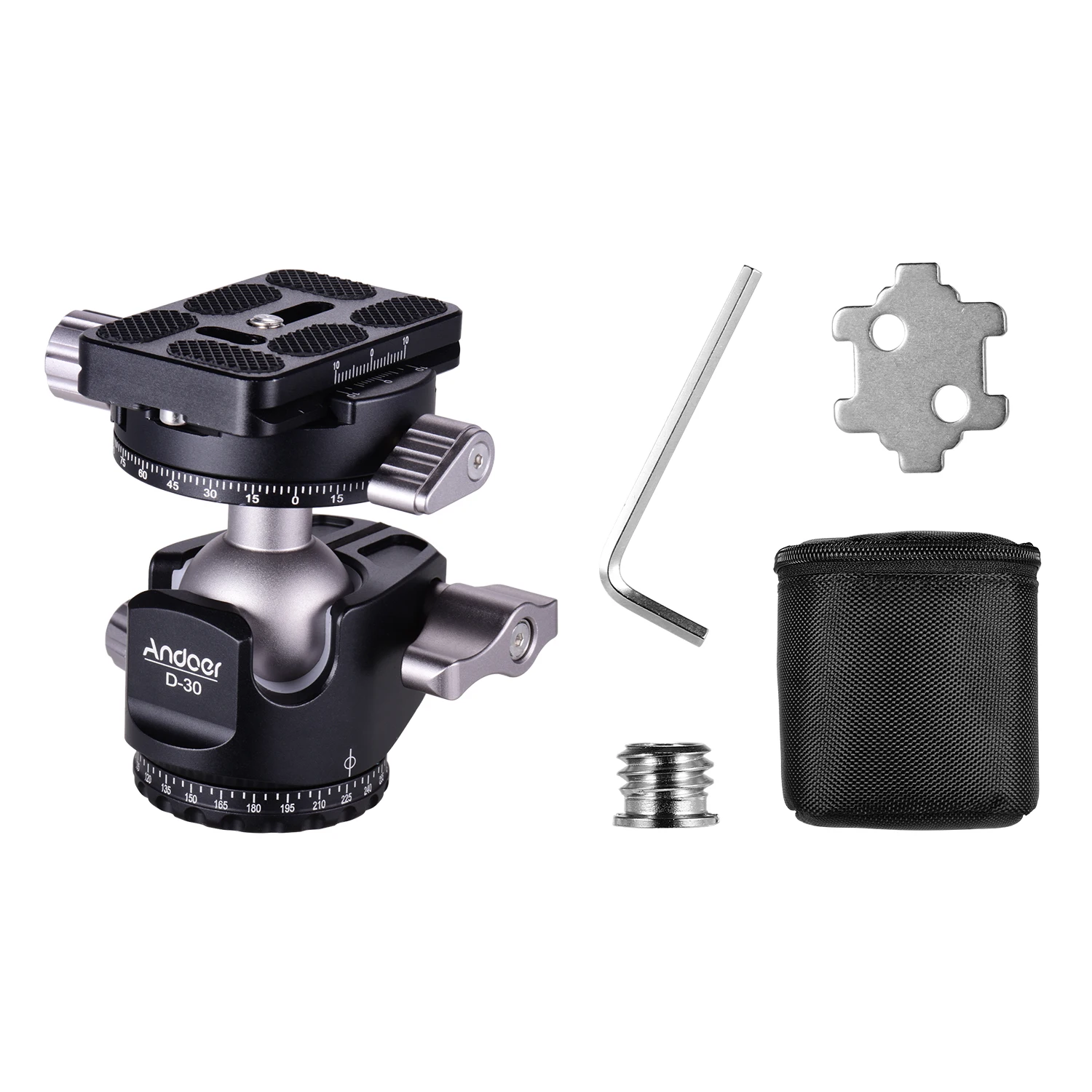 

Andoer Ball Head Tripod Mount Adapter Dual Panoramic Scale U-Groove Design Aluminium Alloy with Carry Bag for Camera Photography