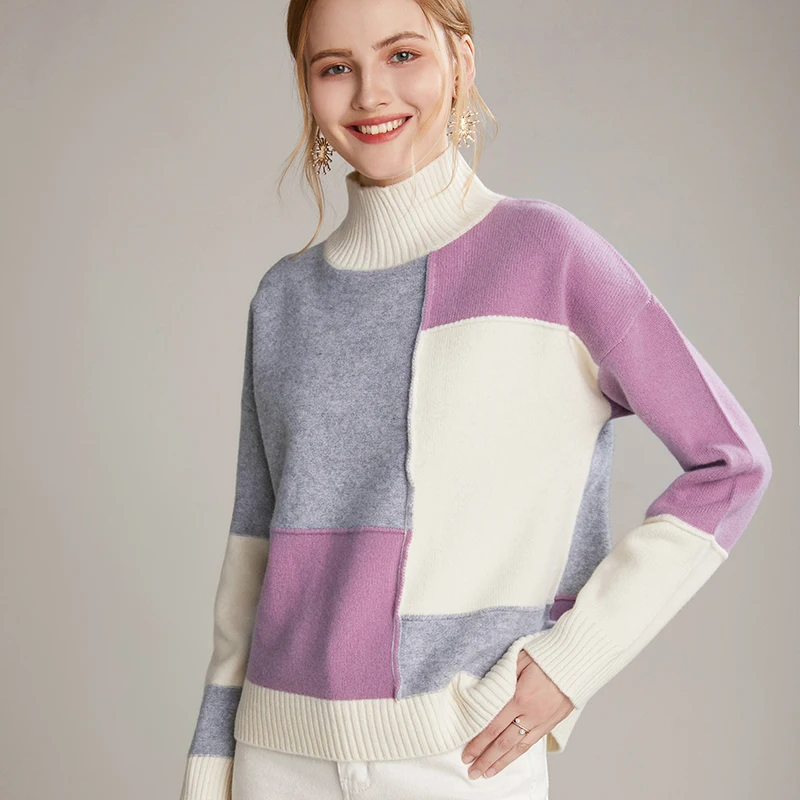 

ladies wool sweaters women turtleneck full sleeves patchwork short casual stylish fashion female pullover jacket loose tops