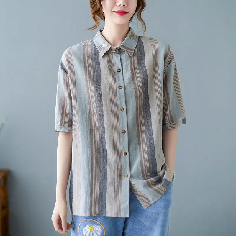 

Женская рубашка в полоску, Повседневная Свободная блузка из хлопка и льна с коротким рукавом, корейский стиль, лето 2022