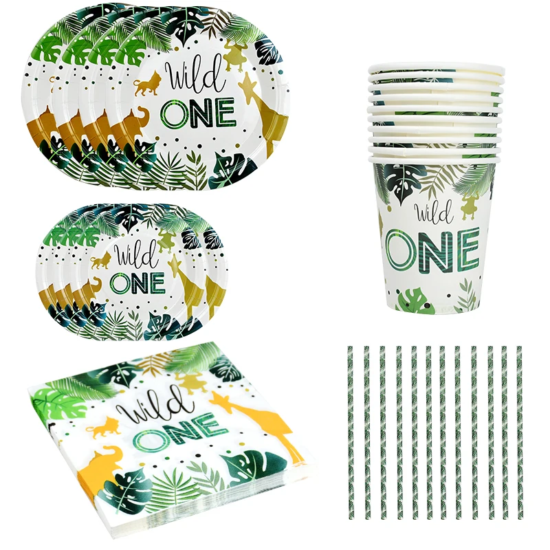 

Dinnerware Sets Jungle Safari Wild One 1st Birthday Decor Disposable Tableware Napkins Paper Plates Straws Cups Party Supplies