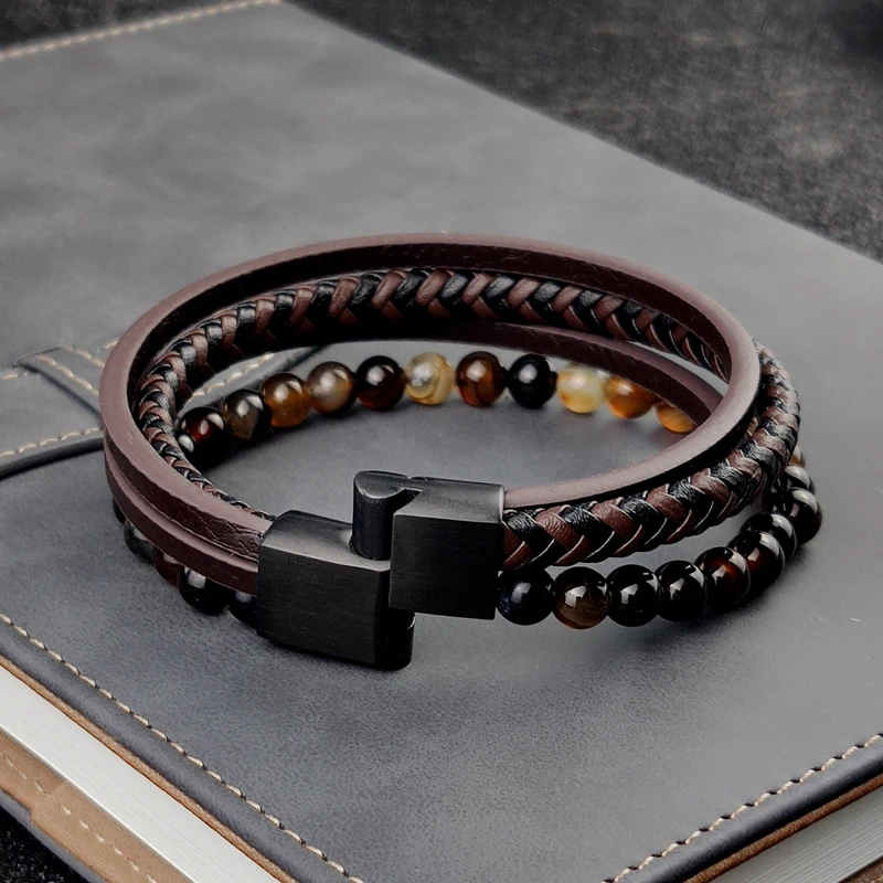 Boho Jewelry Beads Leather Charm Bracelet for Men Women Stainless Steel Natural Stone Rosary love Bangle Gift Wholesal | Украшения и