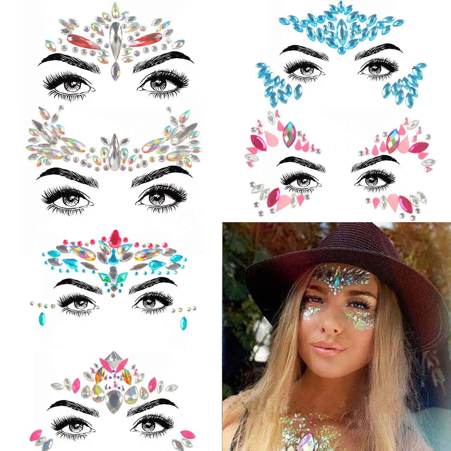 6 Sets Face Jewels Tattoo Rhinestone Mermaid - Body Stickers Glow in the Dark Luminous Face Gems