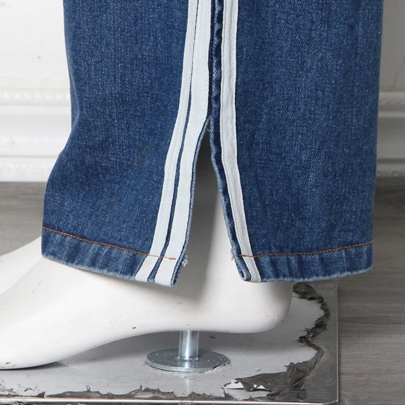

TWOTWINSTYLE Patchwork Striped Denim Pants For Women High Waist Straight Casual Loose Jeans Female Fashion New Clothing Autumn