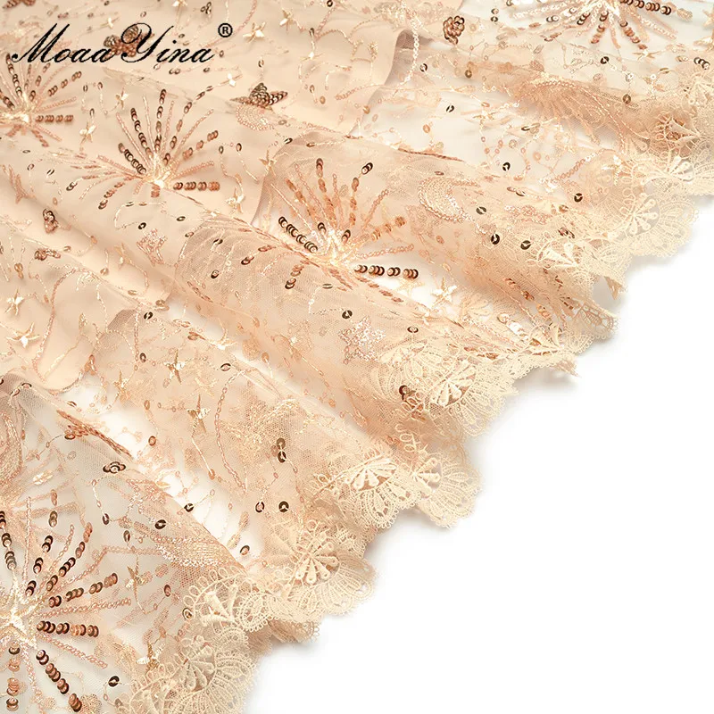 

MoaaYina Fashion Designer dress Summer Women's Dress Butterfly Sleeve Mesh Sequined Gold Line Embroidery Dresses
