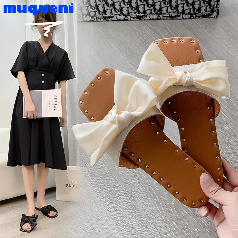 

2021 Summer New Women's Sandals Open Toe Slippers Flat Women's Shoes Outdoor Bow Fashion Solid Color Plus Size 43