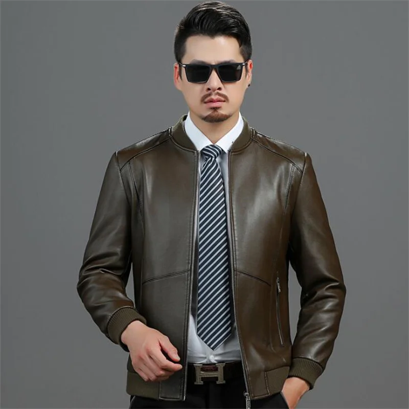 Middle-aged men's leather jacket and coats stand collar autumn winter father casual middle-aged and elderly plus velvet thicken