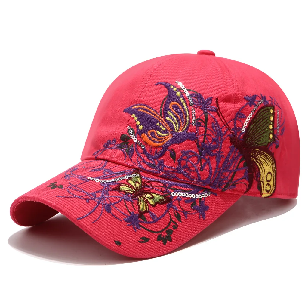 

Korean Sequin Embroidery Baseball Cap Butterfly Embroidery Duck Tongue Lip Print Trendy Women's Hat Bone Feminino Kapelusze 2020
