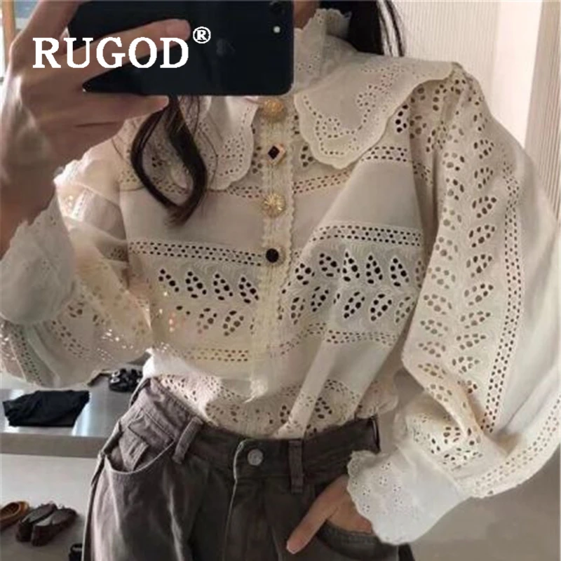 RUGOD Корейская шикарная белая женская блузка с вырезами модная кружевная офисная
