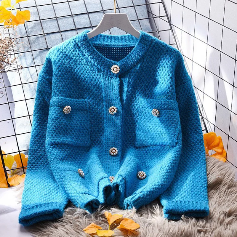 

WAYOFLOVE New Autumn Winter Sweater Cardigan Women Casual Knitted Pocket Pearl Button Sweaters Cardigan Women Blue Sweater Women