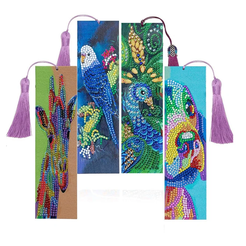 

4Pcs Diamond Painting Bookmarks Handmade Beaded Bookmarks with Tassel Animal 5D Rhinestone Bookmarks DIY Art Craft Set