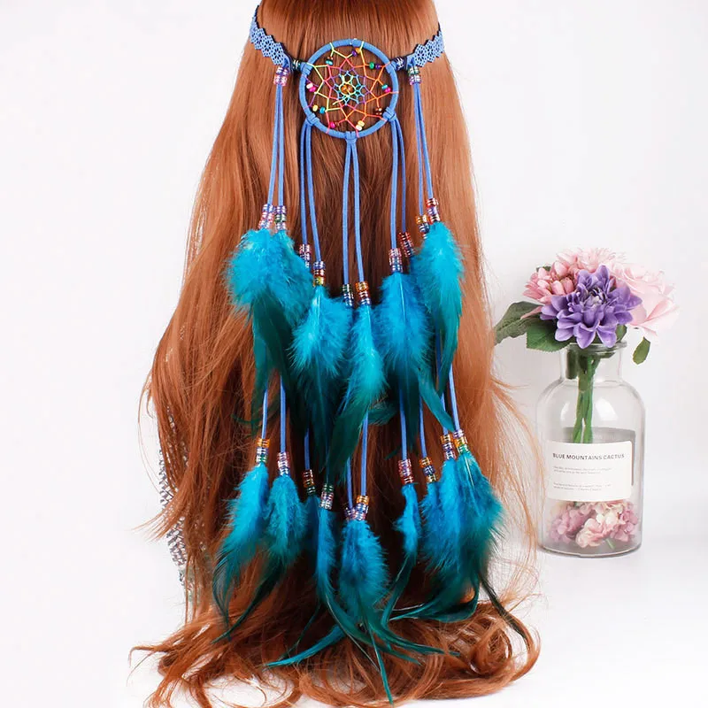 

Bohemian Style Feather Headband Headdress Hair Rope Headwear Tribal Hippie Handmade Hair Accessories for Women 58